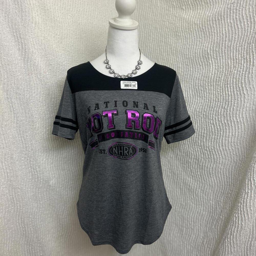 NHRA Womens Grey T Shirt Size Small Metallic Purple Logo Sport‑Tek Hot Rod Assoc